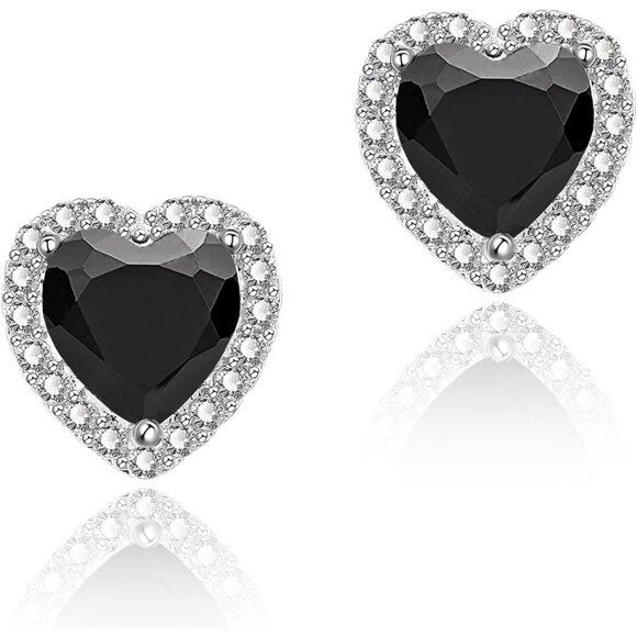 Women's Heart Black Elegant Mall Dainty Halo Birthstone Cubic Zirconia Earring - Picture 1 of 6